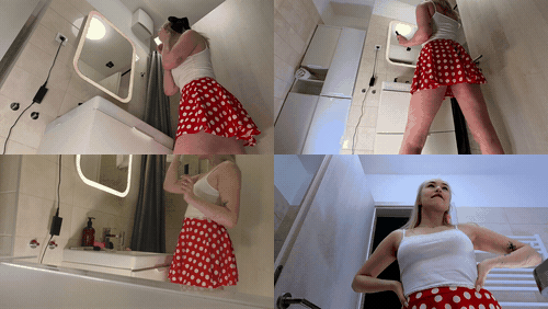 Wonderfully beautiful cute and nice college girl in a polkadot mini skirt shows .gif